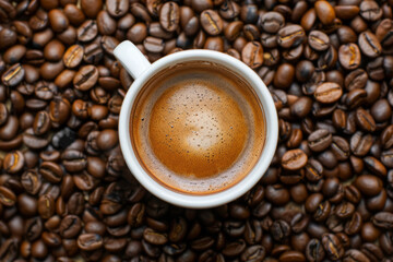 Top view of a fresh cup of coffee on a bed of roasted beans