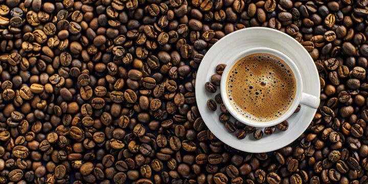Top view of a fresh cup of coffee on a bed of roasted beans © lblinova