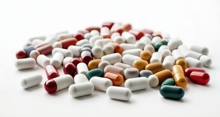  A colorful assortment of pills on a white background