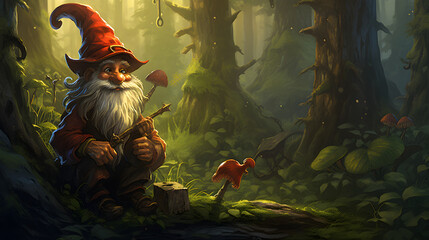 Enchanting Woodland Scene with a Cheerful Gnome Seated on a Tree Stump Illuminated by a Lantern