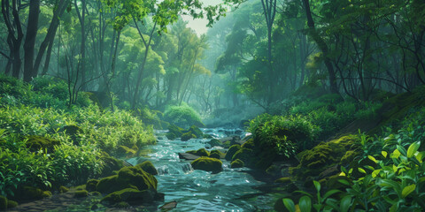 a stream runs through a lush green forest, generative AI
