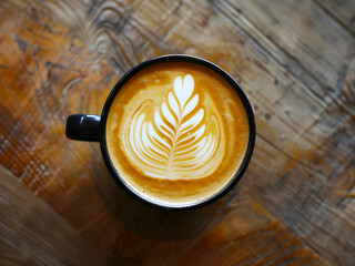 top view of a cup of hot latte with beautiful latte art on the wooden table - 744907516