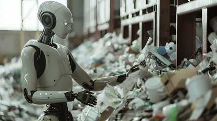 The subject is a robot sorting waste in a recycling facility. The robot a humanoid robot. The recycling facility small.