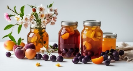  Fresh fruit preserves in mason jars, ready for a summer picnic - obrazy, fototapety, plakaty