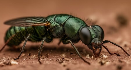  Close-up of a vibrant green and black insect on a textured surface