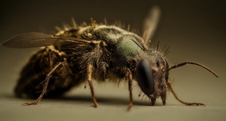  Close-up of a bee with fuzzy body and large eyes, ready for pollination