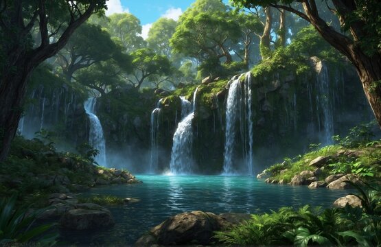 The Waterfall Forest. Fiction Backdrop. Concept Art. Realistic Illustration. Video Game Digital CG Artwork. Nature Scenery.