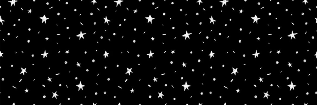 Hand drawn simple sprinkle seamless pattern with white confetti and stars on black background. Vector Illustration for holiday, party, birthday, invitation.