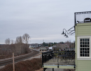 View from Blaine Washington, United States of America overlooking a train track leading in the...