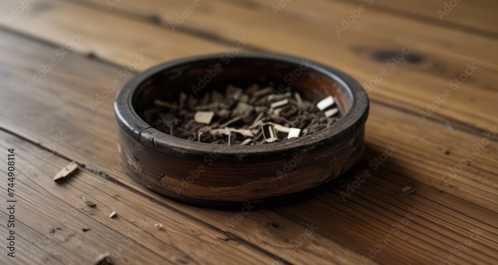 Sticker  A rustic bowl filled with wooden shavings on a wooden surface