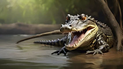 Foto auf Acrylglas Caiman crocodile catches and eats fish in the river © Mishi