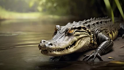 Foto auf Alu-Dibond Caiman crocodile catches and eats fish in the river © Mishi
