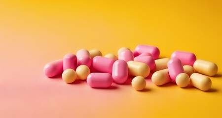 Fototapeta na wymiar A colorful assortment of pills on a yellow background