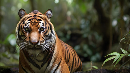 Tiger in the rainforest looking at the camera in nature
