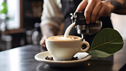 an experienced barista makes a cappuccino with a beauty