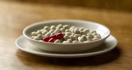 Fototapeta na wymiar A single red pill amidst a sea of white pills