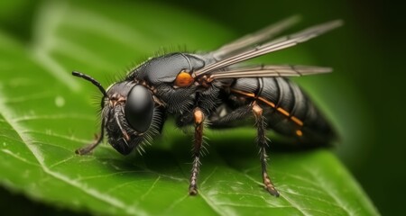 Fototapeta premium Close-up of a bee on a leaf, showcasing its intricate details