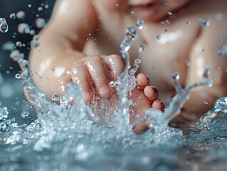A close-up image of a baby's hands playfully splashing in clear water, capturing the movement and dynamic droplets in detail.
