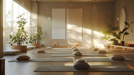 Um estúdio de ioga tranquilo e sereno banhado em luz natural suave oferece um refúgio da agitação da vida cotidiana