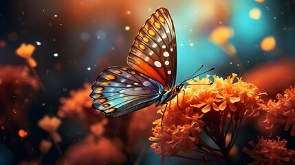 A butterfly pollinating a blooming flower. - obrazy, fototapety, plakaty