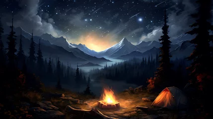 Fotobehang Mistige ochtendstond A campfire under a starry night sky.