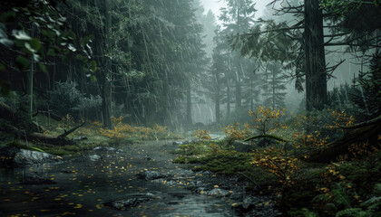 Fototapeta premium Photo of a pacific northwest forrest on a rainy day, foggy and mystic mountain forrest, gloomy dark forest during a foggy day, North Vancouver, British Columbia, Canada, European forrest