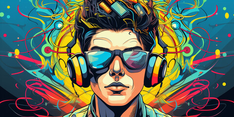 Fototapeta premium Man with sunglasses and headphones with wired digital head close up shot colorful illustration