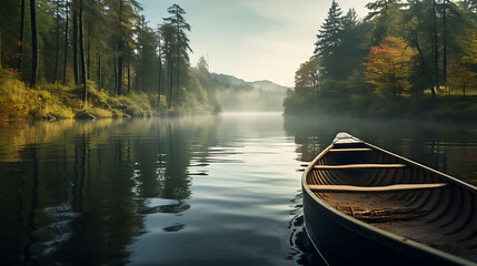 A canoe drifting on a calm river. - obrazy, fototapety, plakaty