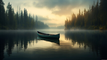 A canoe drifting on a calm river.