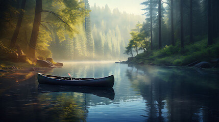 A canoe drifting on a calm river. - obrazy, fototapety, plakaty