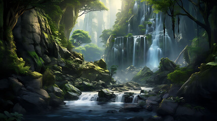 A cascading waterfall hidden in a lush forest.