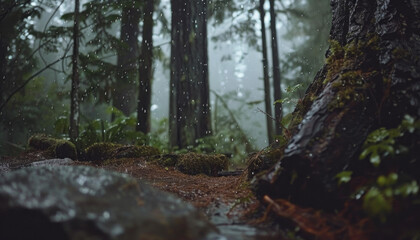 Obraz premium Photo of a pacific northwest forrest on a rainy day, foggy and mystic mountain forrest, gloomy dark forest during a foggy day, North Vancouver, British Columbia, Canada, European forrest