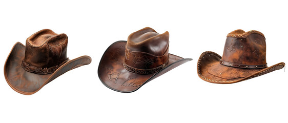 Brown leather cowboy hat isolated on transparent background