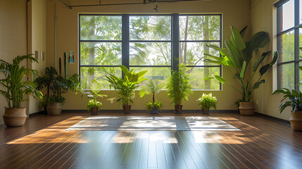 Um estúdio de yoga sereno com luz natural suave e plantas verdes transmitindo calma e convidando à meditação - obrazy, fototapety, plakaty