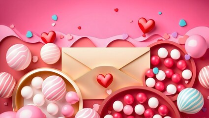 Valentine's Day themed image with greeting card, candy, and sweets on pink background