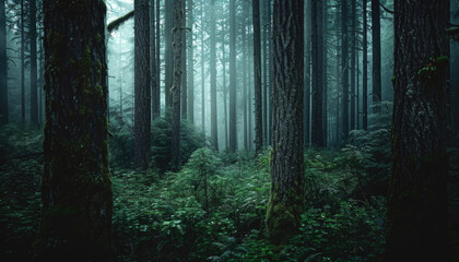 Obraz premium Photo of a pacific northwest forrest on a rainy day, foggy and mystic mountain forrest, gloomy dark forest during a foggy day, North Vancouver, British Columbia, Canada, European forrest
