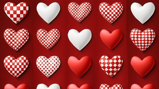Red and white heart icons arranged in a pattern on a shiny red background, Valentine's Day art