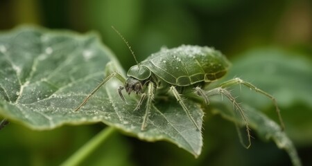  Nature's intricate design - A close-up of a vibrant green insect on a leaf