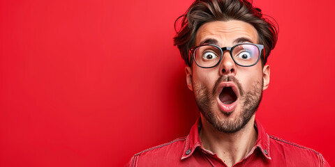 Surprised Man in Red on Red Background.
Astonished man in a red shirt, wide-eyed with glasses. - obrazy, fototapety, plakaty