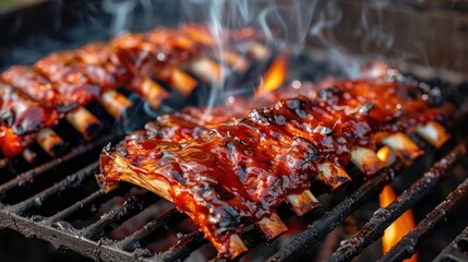 Glazed Barbecue Ribs on Grill with Flames and Smoke