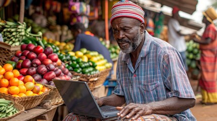 Senior African Man Using Laptop at Traditional Market