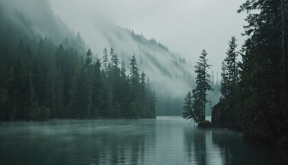 Photo of a pacific northwest forrest on a rainy day, foggy and mystic mountain forrest, gloomy dark forest during a foggy day, North Vancouver, British Columbia, Canada, European forrest - obrazy, fototapety, plakaty