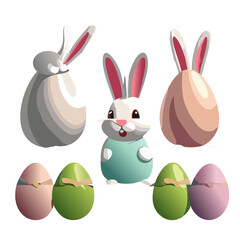 Vector Illustration of White Easter Bunny Rabbits in Different Poses and Pastel Easter Eggs, Illustrative, Creative, Artistic