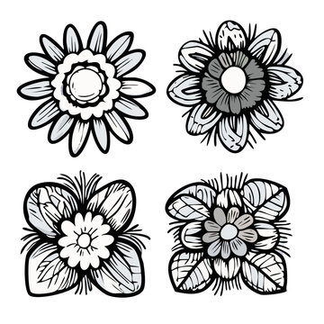 Vector Illustration of Single Flower Doodles Drawing: Spring Flower Outline Set including Rose, Sunflower, Daisy, Hibiscus, Peony, Camellia, Morning Glory, etc., Image, Illustrative