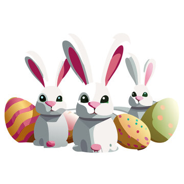Vector Illustration of White Easter Bunny Rabbits in Different Poses and Pastel Easter Eggs, Illustrative, Creative, Artistic