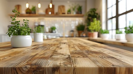 Interior design, blurred background, classic kitchen with wood details, 3D illustration.