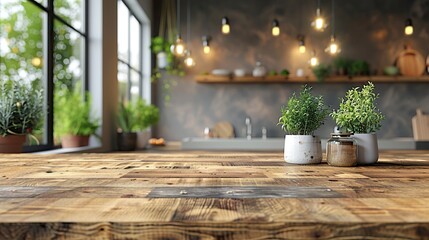 Interior design, blurred background, classic kitchen with wood details, 3D illustration.