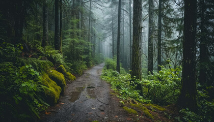 Obraz premium Photo of a pacific northwest forrest on a rainy day, foggy and mystic mountain forrest, gloomy dark forest during a foggy day, North Vancouver, British Columbia, Canada, European forrest