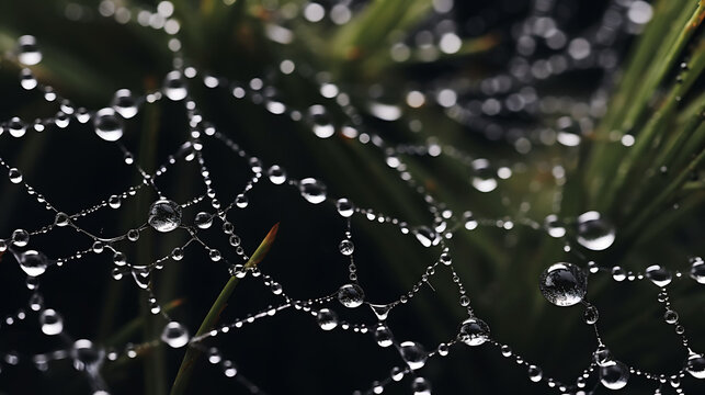 A close-up of dewdrops on spiderwebs.