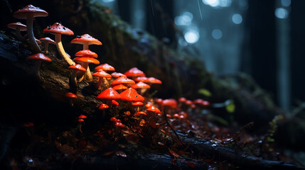 A cluster of mushrooms in a dark forest.
